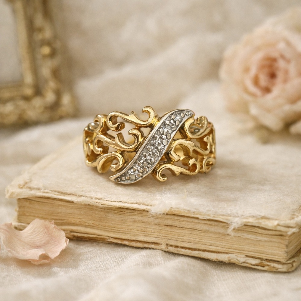 ✨💎 Vintage European 20K Gold (833) Diamond Scroll Ring 💎✨
